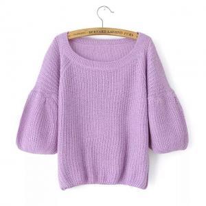 Knitted Scoop Neck Sweater With Puffy Sleeves