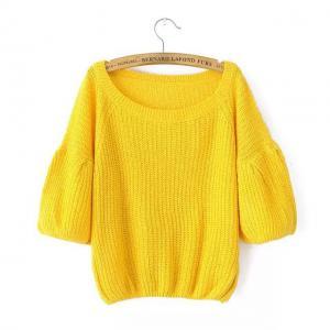 Knitted Scoop Neck Sweater With Puffy Sleeves