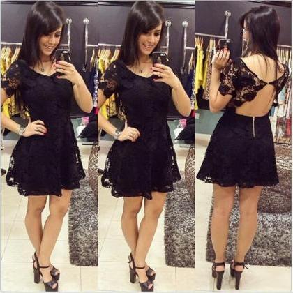 Black Sexy Short Sleeved Lace Dress