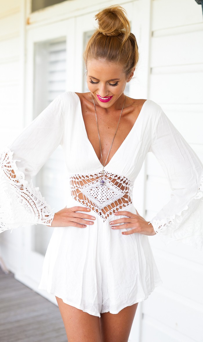 Long Sleeved White Cut Out Jumpsuit Romper