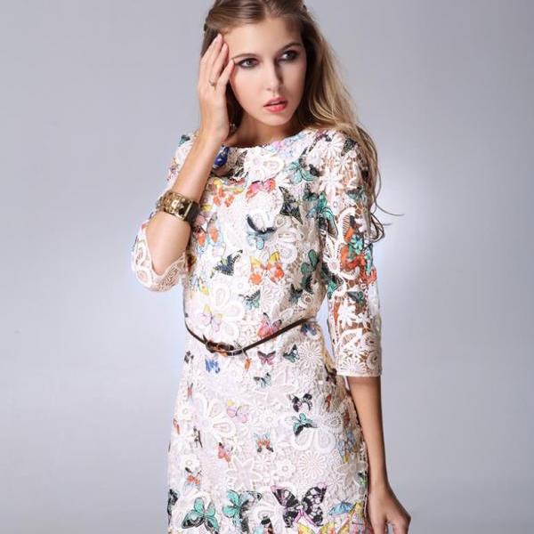 Butterfly Print Temperament Cultivation Lace Dress on Luulla