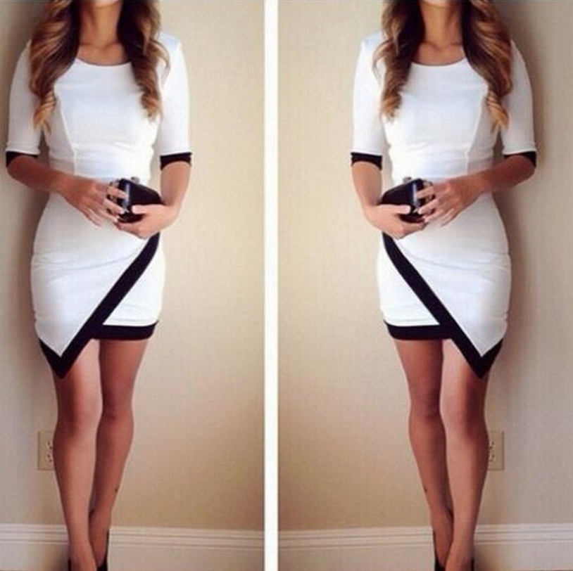 Sexy Black And White Hit Color Stitching Irregular Package Hip Dress on ...